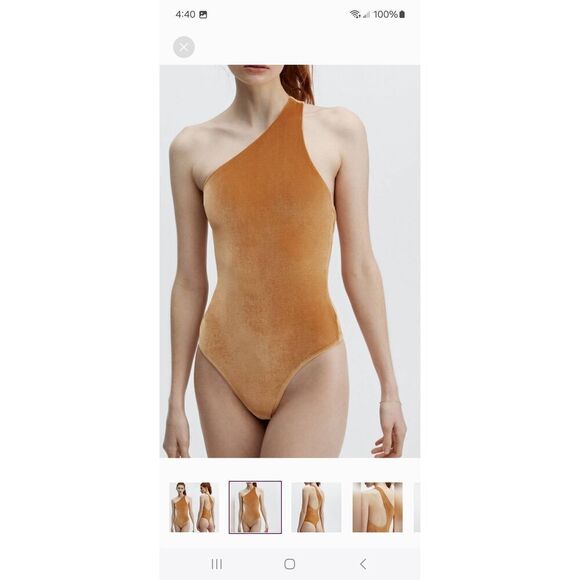 New Large Fabletics Light Honey Gigi Velour Thong Bodysuit One Shoulder NWT - Picture 2 of 8
